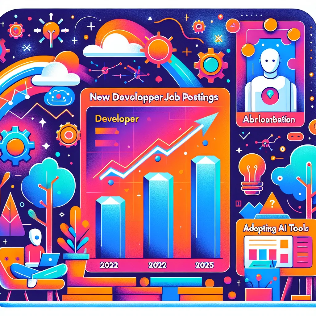2022년~2025년 신입 개발자 채용 공고 수 변화 추이 그래프와 AI 도구 도입 기업 비율 비교 차트 illustration