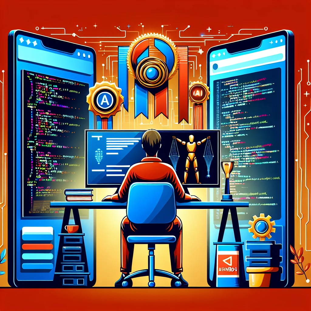 경력 개발자가 모니터 두 대를 앞에 두고 AI 코딩 도구와 실제 코드를 비교 분석하는 장면 illustration