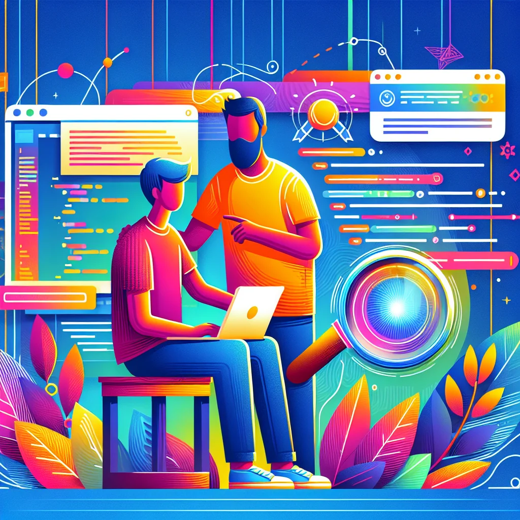 경력 개발자가 신입 프로그래머에게 코딩과 AI 협업 방식을 설명하는 멘토링 장면 illustration