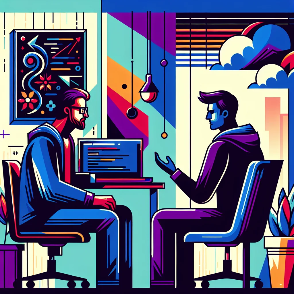 경력 개발자가 신입 프로그래머와 마주 앉아 진지하게 대화하는 장면, 노트북과 화이트보드가 있는 사무실 환경 illustration