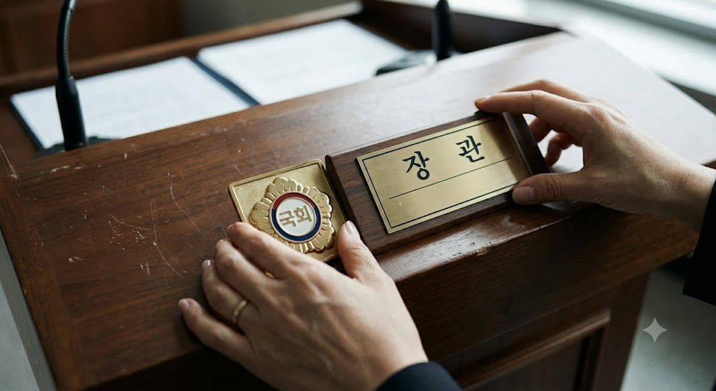 의원 배지와 장관 명패가 나란히 놓인 겸직의 상징적 장면
